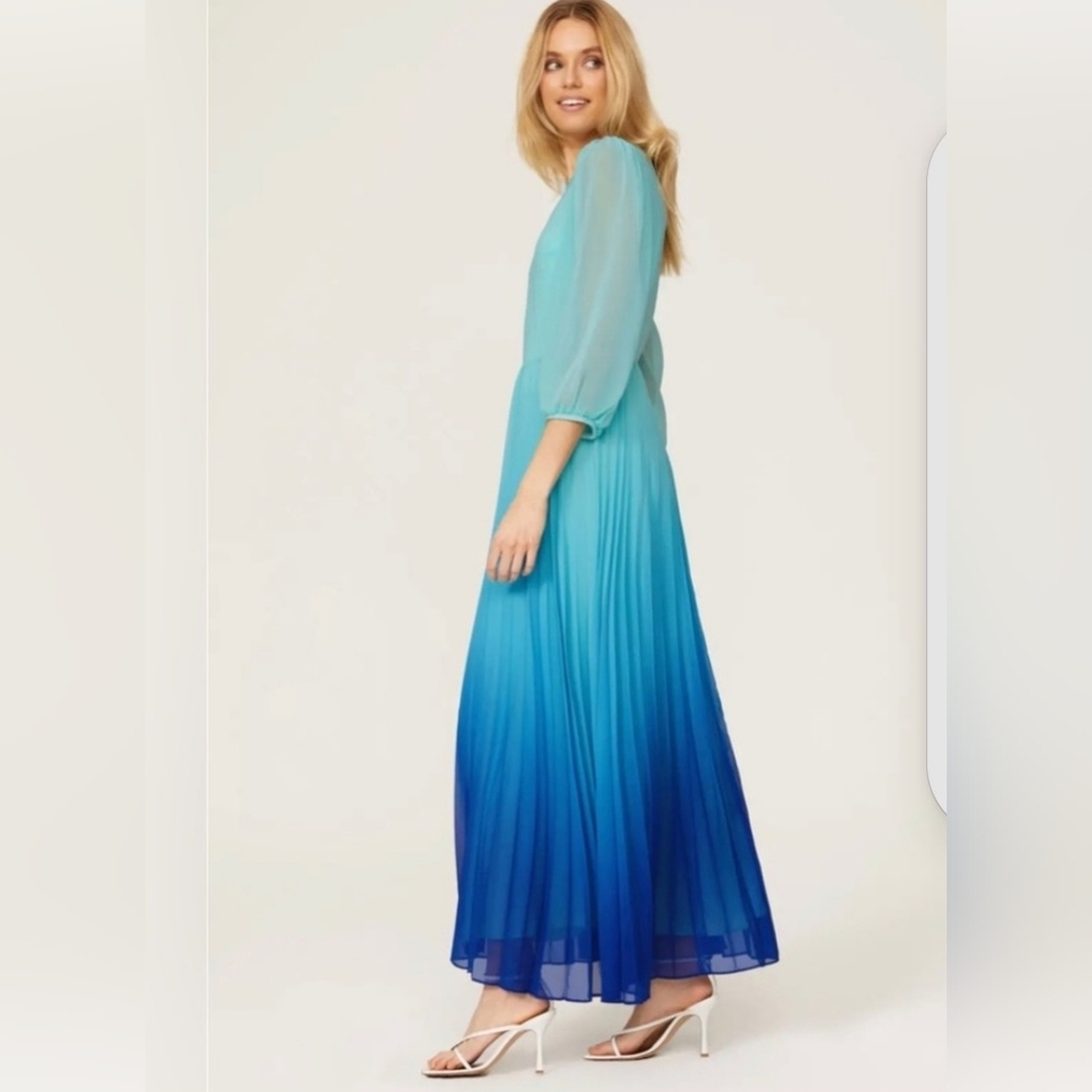 Rachel Roy Blue Fade Long Sleeve Dress With Curve Neckline Maxi Pleated Skirt